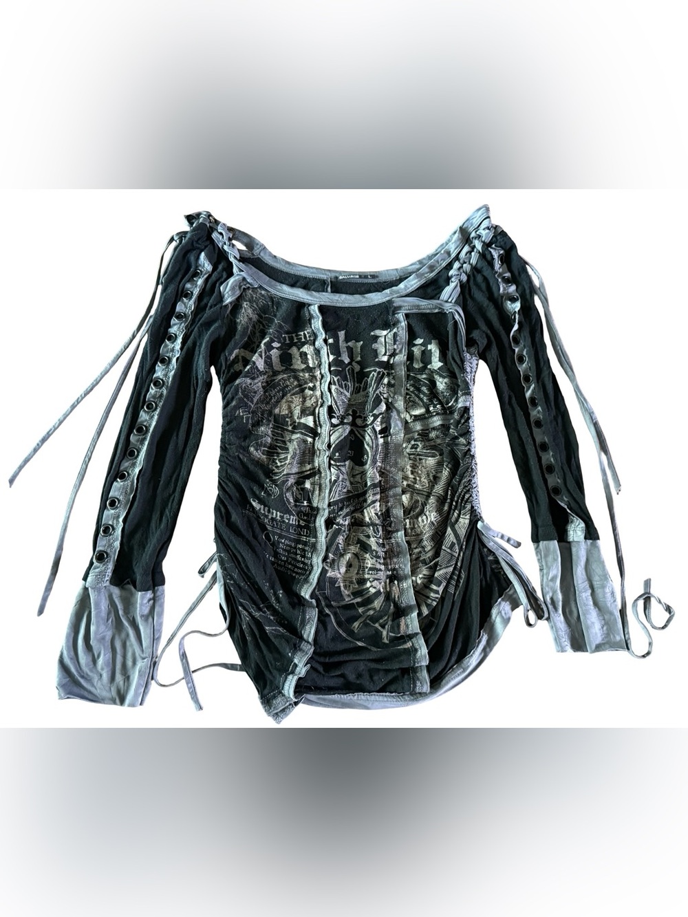 Salvage The Ninth Pit Y2K Gothic Lace Up Ruched Graphic Top Size M/L Black Gray